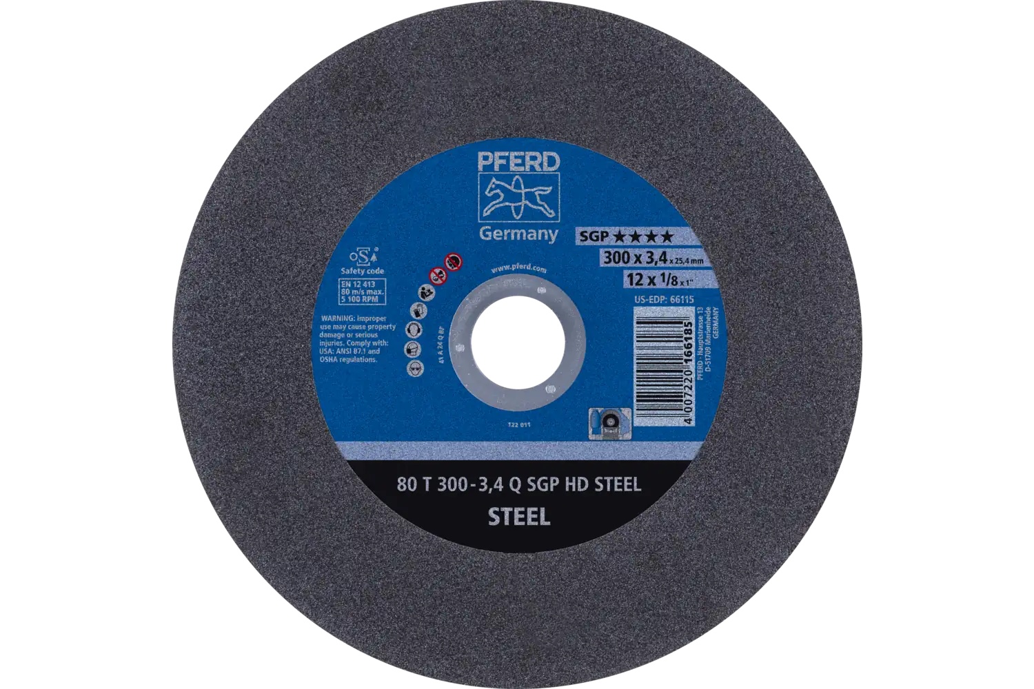 Picture of Pferd Large Diameter Cut-Off Wheel 12" X 1/8 X 1, Sgp Hd Steel, Q, Aluminum Oxide